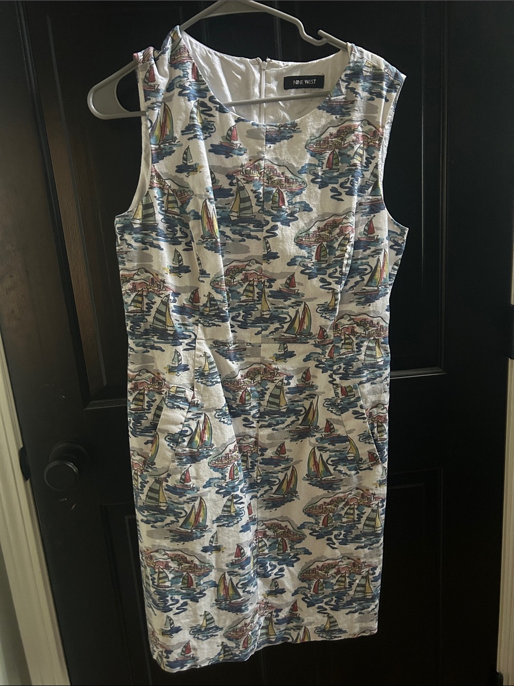 Nine West White Nautical Sailboat Sheath Dress with Blue and Multicolor Accents